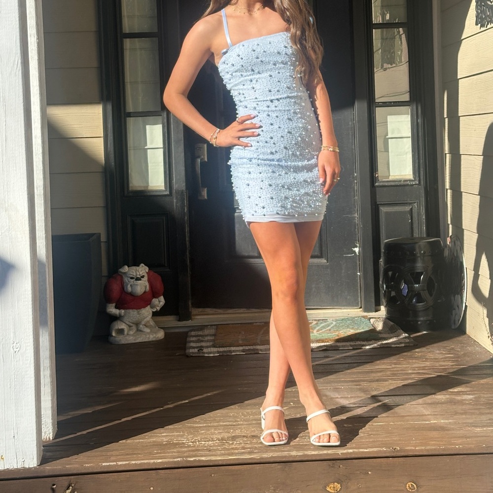 Windsor Light Blue Beaded Mini Dress